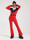 Women's Gsou Snow Retro Belted Color-Blocked Flare One Piece Ski Suit